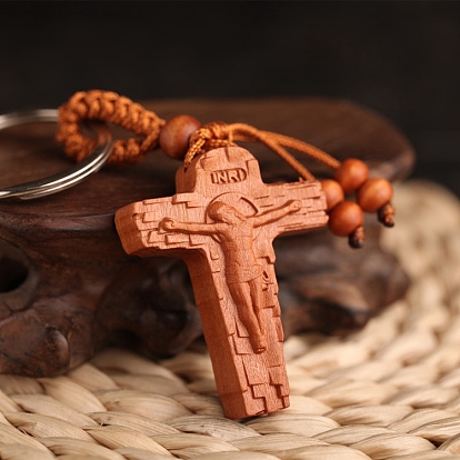 Wooden Pendant Keychains, with Iron Rings, Crucifix Cross