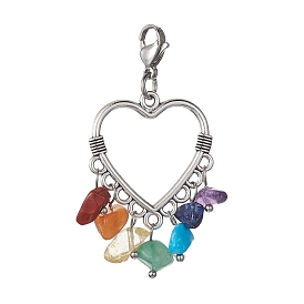 Tibetan Style Alloy Pendant Decorations, 7 Chakra Gemstone Chips and Lobster Claw Clasps Charm, Rhombus/Heart/Flat Round