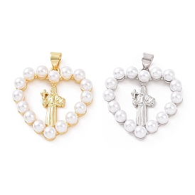 Brass with ABS Plastic Imitation Pearl Pendants, Heart with Priest Charm