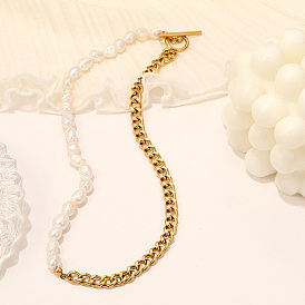 Colliers en perles naturelles perlées, avec gourmettes en acier inoxydable