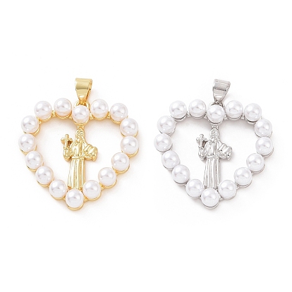 Brass with ABS Plastic Imitation Pearl Pendants, Heart with Priest Charm
