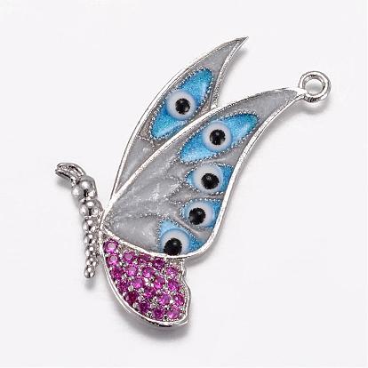 Brass Micro Pave Cubic Zirconia Pendants, with Enamel, Butterfly, Golden/Platinum