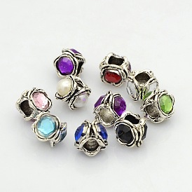 Flower Antique Silver Tone Alloy European Beads, with Acrylic Rhinestone and Acrylic Pearl Beads, Large Hole Beads, 11x8mm, Hole: 5mm