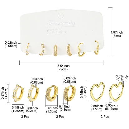 3Pairs 3 Style Clear Cubic Zirconia Heart & Rectangle & Ring Hoop Earrings, Brass Jewelry for Women