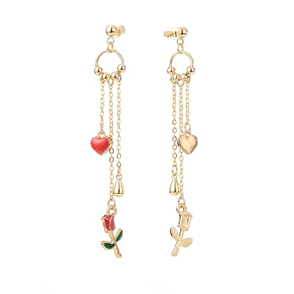 Clous d'oreilles pendants cœur et rose en émail, boucles d'oreilles pendantes en alliage plaqué or pour la saint valentin