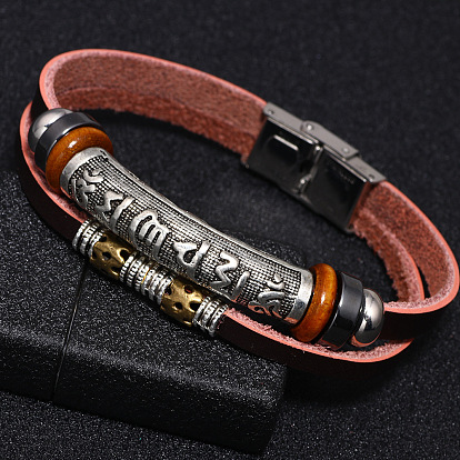 Кожаный шнур многожильных браслеты, с синтетическим гематитом, выводы из сплава и застежки из нержавеющей стали, Ом Мани Падме Хум