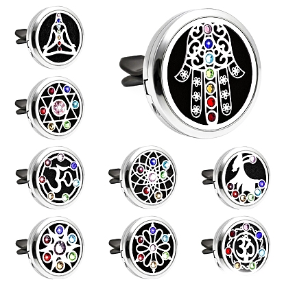 Chakra Flat Round Alloy Rhinestone Car Air Vent Clips, Diffuser Locket Clip with Magnetic Lid, For Automobiles Accessories