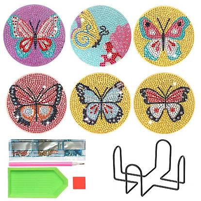 Diy diamante pintura mariposa patrón posavasos kits, incluyendo pedrería de resina, bolígrafo adhesivo de diamante, placa de bandeja y arcilla de pegamento
