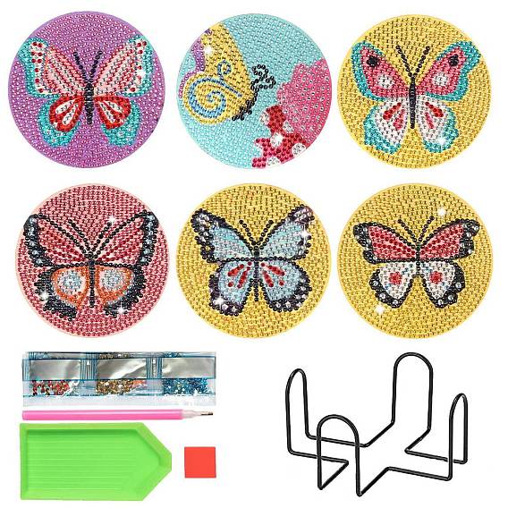 Diy diamante pintura mariposa patrón posavasos kits, incluyendo pedrería de resina, bolígrafo adhesivo de diamante, placa de bandeja y arcilla de pegamento