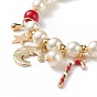 Natural Mashan Jade & Glass Pearl Beaded Stretch Bracelet, Christmas Candy Cane & Santa Claus & Star Charm Bracelet for Women