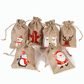 Christmas Theme Linenette Drawstring Bags, Rectangle with Pattern, Peru