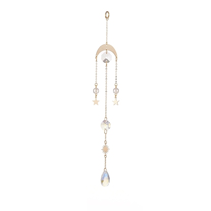 AB Color Glass Teardrop & Octagon Window Hanging Suncatchers, Brass Sun & Moon & Star Pendants Decorations Ornaments