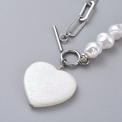 Pendant Necklaces, with Plastic Imitation Pearl Beads, 304 Stainless Steel Paperclip Chains and Toggle Clasps, Heart