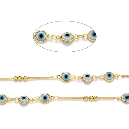 Brass Curb Chains, with Glass, Spool, Long-Lasting Plated, Soldered, Evil Eye