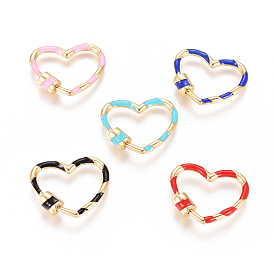 Golden Plated Brass Screw Carabiner Lock Charms, with Enamel, for Necklaces Making, Long-Lasting Plated, Heart