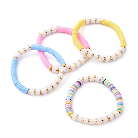 Bracelets élastiques, avec des perles heishi en argile polymère faites à la main et écologiques et des perles en alliage de style tibétain