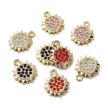 Golden Rack Plating Alloy Rhinestone Pendants, Nickel Free, Sun Charm