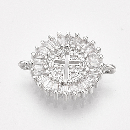 Brass Micro Pave Cubic Zirconia Links, Flat Round with Cross