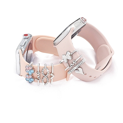 Ensemble de breloques de bracelet de montre en alliage de strass avec mot amour et cœur, goujons de bracelet de montre, boucles d'anneaux décoratifs