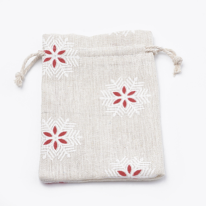 Bolsas de embalaje de poliéster (algodón poliéster) Bolsas con cordón, con copo de nieve impreso