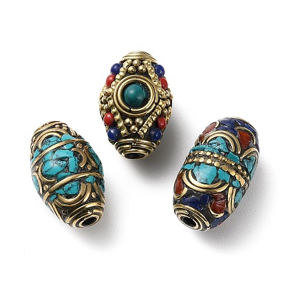 Handmade Tibetan Style Beads, with Brass Findings and Synthetic Turquoise, Antique Golden, Barrel