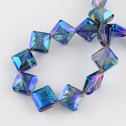 Galvanoplastie transparent perles de verre à facettes brins, carrée, 17x17x7.5mm, Trou: 2mm, Environ 40 pcs/chapelet, 25.1 pouce
