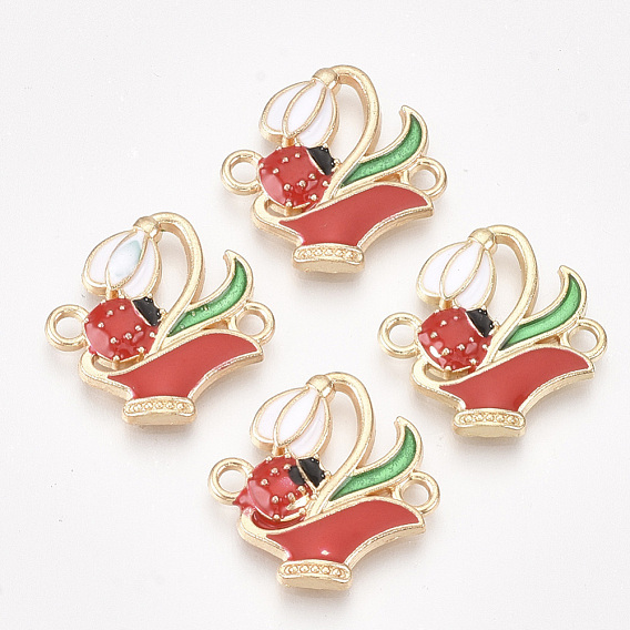Alloy Links Connectors, with Enamel, Flower with Ladybird, Golden
