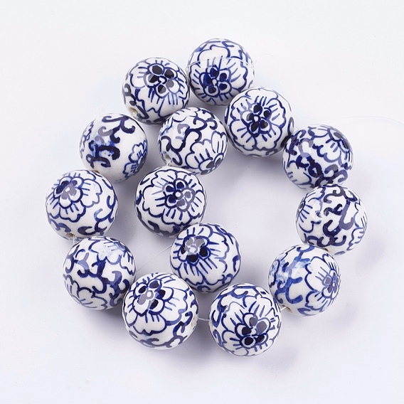 Perles de porcelaine bleue et blanche à la main, ronde avec des fleurs
