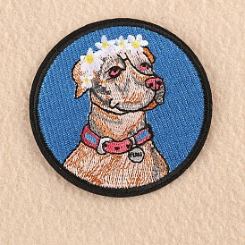 Computerized Embroidery Cloth Iron on/Sew on Puppy Patches, Costume Accessories, Appliques, Flat Round with Dog & Floral Hoop