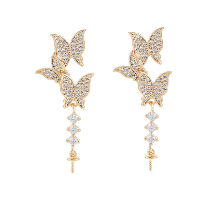 Brass Micro Pave Clear Cubic Zirconia Stud Earring Findings, for Half Drilled Beads, Nickel Free, Butterfly