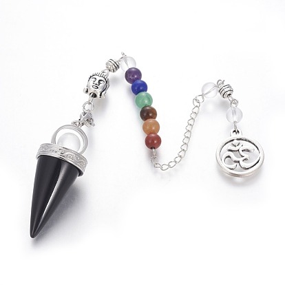 Chakra Jewelry Natural Gemstone Cone Dowsing Pendulums, with Brass Finding and Alloy Chain, Cone, Chakra Jewelry