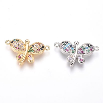 Brass Micro Pave Cubic Zirconia Links Connectors, Butterfly, Colorful