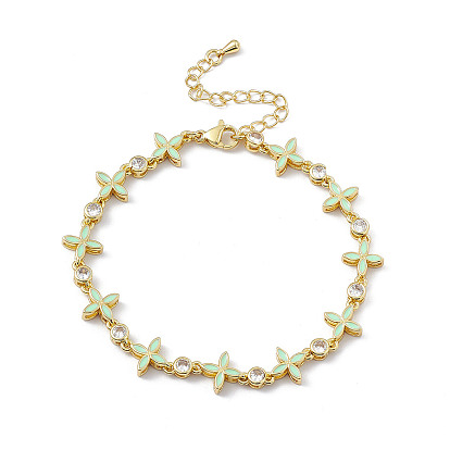 Bracelet chaîne à maillons fleur émail vert pâle & zircons cubiques, bijoux en laiton pour femmes