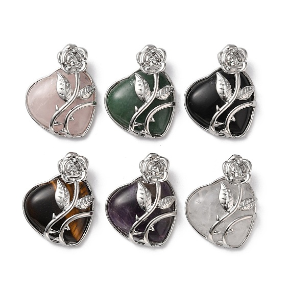 Natural Gemstone Pendants, Heart Charms, with Rack Plating Platinum Tone Alloy Rose, Cadmium Free & Lead Free
