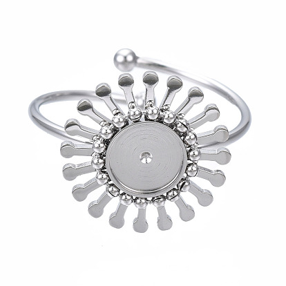 304 Stainless Steel Open Cuff Finger Ring Cabochon Settings, Flower
