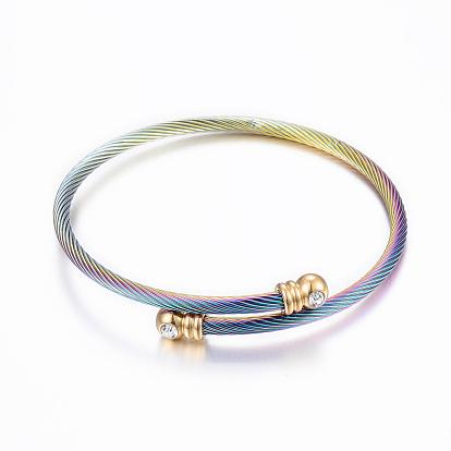 Ensembles bracelets et bagues de serrage en acier inoxydable à la mode 304, avec strass