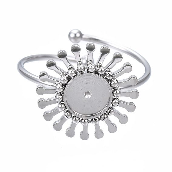 304 Stainless Steel Open Cuff Finger Ring Cabochon Settings, Flower