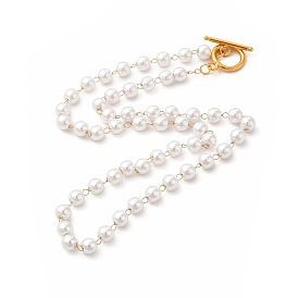 Plastic Imitation Pearl Beaded Necklaces, Ion Plating(IP) 304 Stainless Steel Jewelry for Women