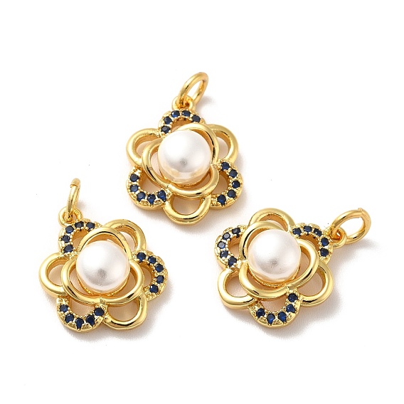 Rack Plating Brass Micro Pave Cubic Zirconia Pendants, with Pearl Beads and Jump Rings, Flower