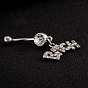 Bijoux de piercing plaqué platine en laiton zircon cubique anneau de nombril anneau de nombril anneaux de ventre, avec 304 barre en acier inoxydable, mot salope, 23x40mm