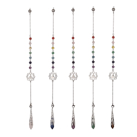 Gemstone Pointed Dowsing Pendulums, with Brass Findings & Chakra 201 Stainless Steel Pendants, Faceted Bullet