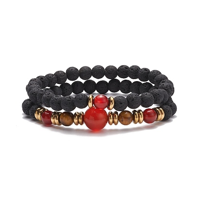 2 pcs 2 style pierre de lave synthétique et cornaline d'agate rouge naturelle (teinte et chauffée) et ensemble de bracelets extensibles en perles d'oeil de tigre, bijoux de pierres précieuses d'huile essentielle pour les femmes