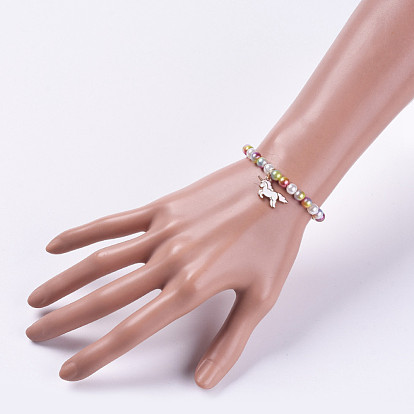 Acrylique et abs en plastique imitation perles de nacre bracelets extensibles, avec des pendantifs en alliage d'émail, licorne, or et de lumière
