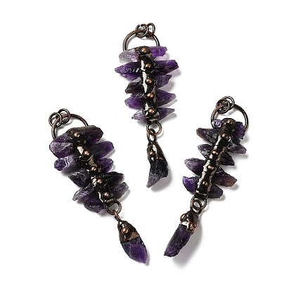 Natural Amethyst Big Pendants, Faceted Nuggets Charms, with Rack Plating Red Copper Tone Brass Findings, Cadmium Free & Lead Free