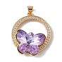 Brass Micro Pave Clear Cubic Zirconia Pendants, Real 18K Gold Plated, with Glass Cabochon, Cadmium Free & Nickel Free & Lead Free, Rack Plating, Flat Round with Butterfly