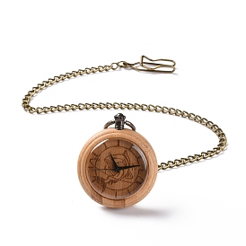 Bamboo Pocket Watch with Brass Curb Chain and Clips, Flat Round Electronic Watch for Men