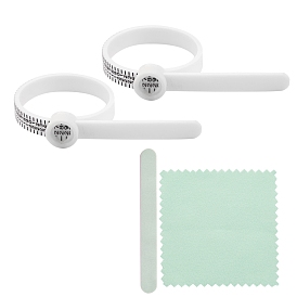 Medidor de anillo de plástico, estándares de medición de dedos versión japonesa, cinturón de medición de dedos de calibre para hombres y mujeres, con lima de doble cara para pulir con esponja y paño para pulir plateado
