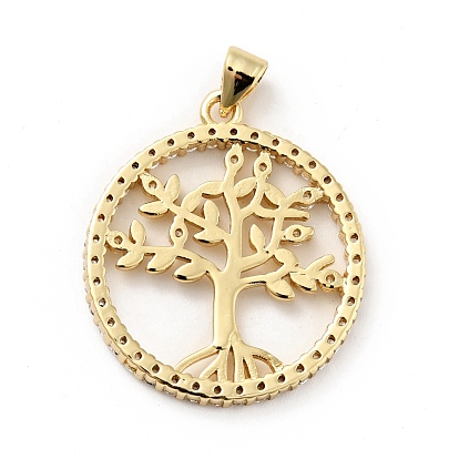 Rack Plating Brass Micro Pave Cubic Zirconia Pendants, Long-Lasting Plated, Lead Free & Cadmium Free, Round Ring with Tree of Life