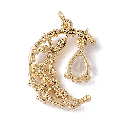 Brass Micro Pave Cubic Zirconia Pendants, Real 18K Gold Plated, with Jump Ring, Cadmium Free & Nickel Free & Lead Free, Rack Plating, Moon with Teardrop