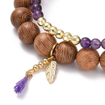 Feather & Tassel Charm Bracelets Set, Natural Wood & Mixed Stone Round Beads Bracelets for Girl Women, Golden